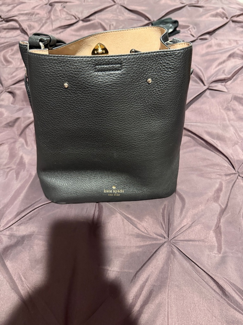 kate spade Black Pebbled Leather Crossbody Bucket Bag-Tan Interior-gold hardware